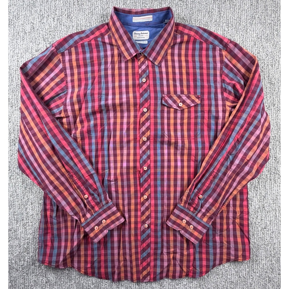 Tommy Bahama Button Down Shirt Mens XL Red Plaid Island Modern Fit Cotton Tencel
